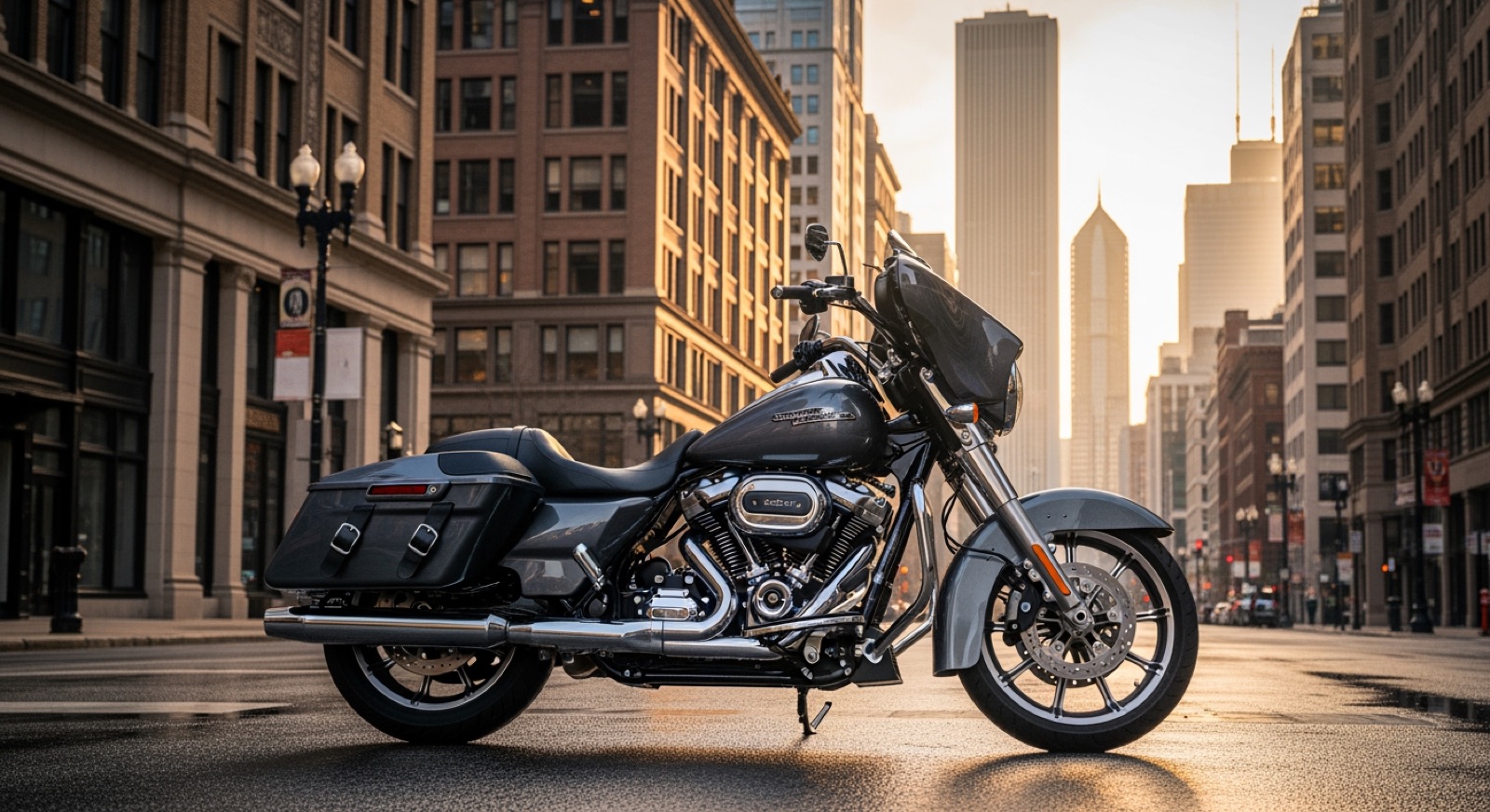 Motorcyclist standing next to a damaged bike on a Chicago street after a crash