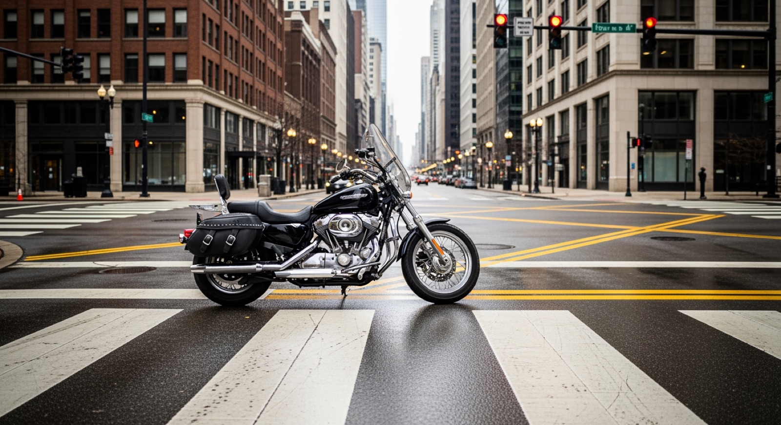 Intersection in Chicago where a car turns left across a motorcyclist's path